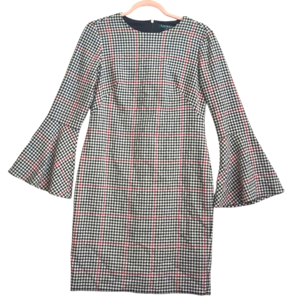 Lauren Ralph Lauren Windowpane Houndstooth Plaid Dress with Bell Sleeve Size 6
